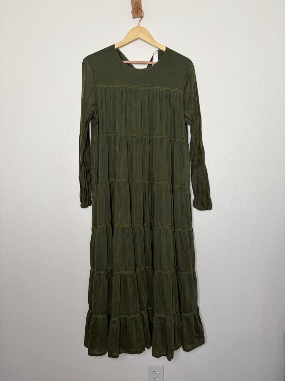 Merlette Maida Green Tiered Cotton Blend Midi Dress Size Large Cottagecore
